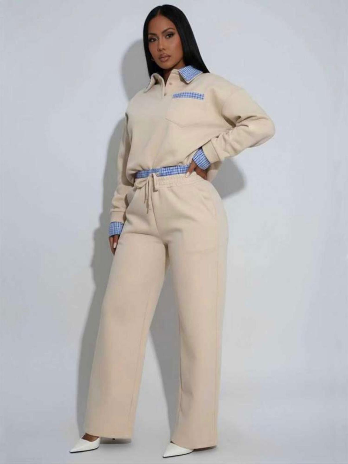 Thia Casual Plaid Lapel Sweatshirt Pant Sets