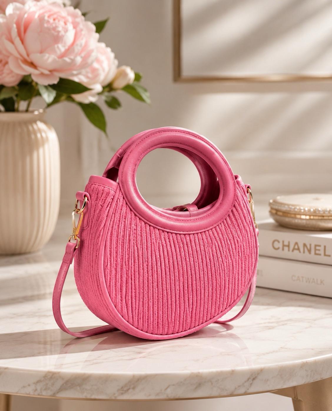 Thia: 3-Piece Denim &amp; Pink Statement Bundle – Romper, Platform Heels &amp; Round Handbag