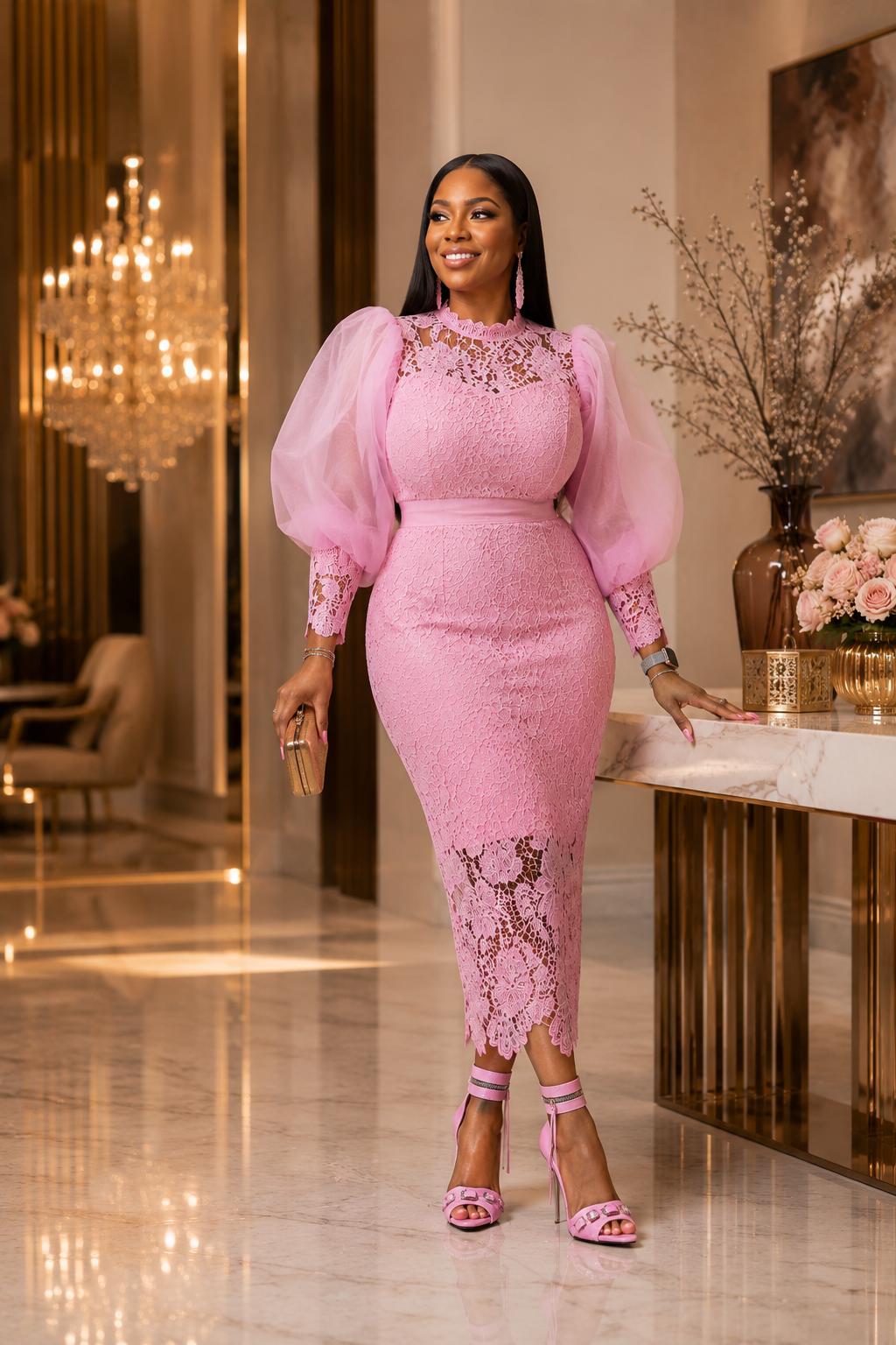 THIA Blush Elegance Lace Midi Dress &amp; Crystal Pink Heel Set