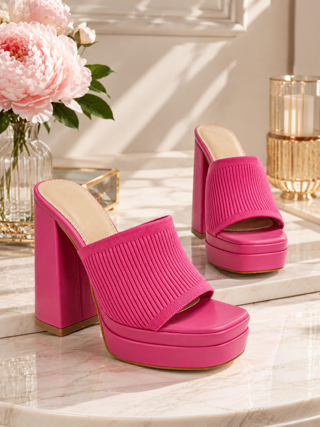 Thia: 3-Piece Denim &amp; Pink Statement Bundle – Romper, Platform Heels &amp; Round Handbag