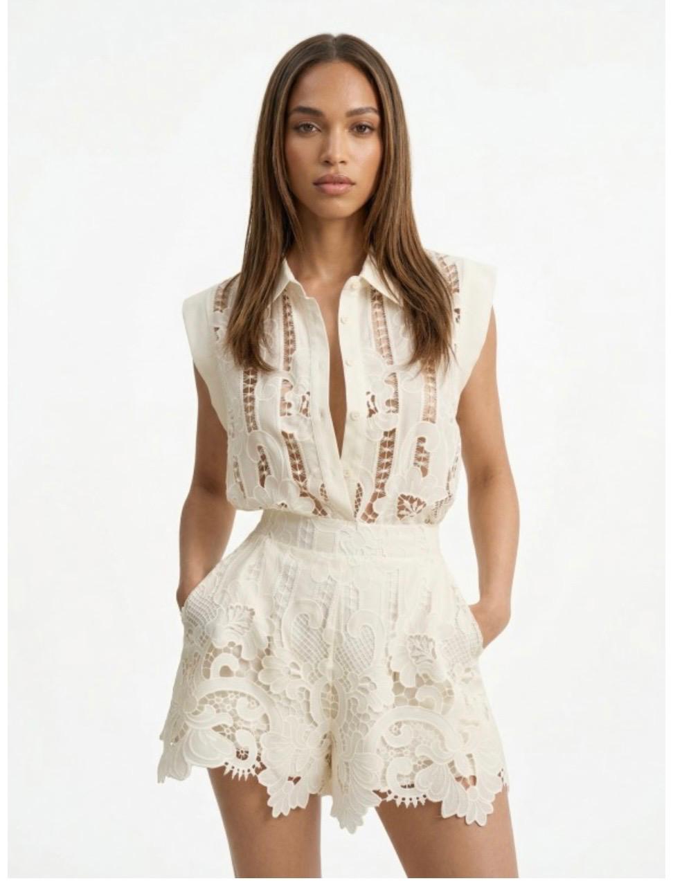Ivory Guipure Lace Sleeveless Tw0-Piece Set