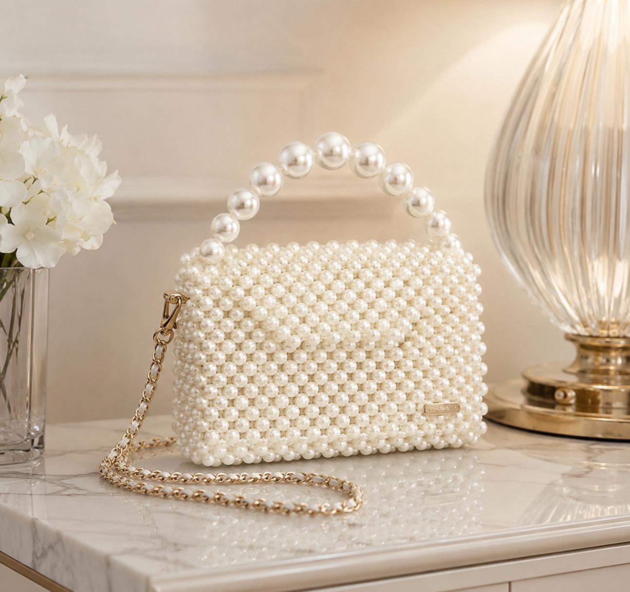 THIA Pearl Luxe 3 Pieces Occasion Bundle Satin Set, Pearl Handbag et Crystal Pearl Heels