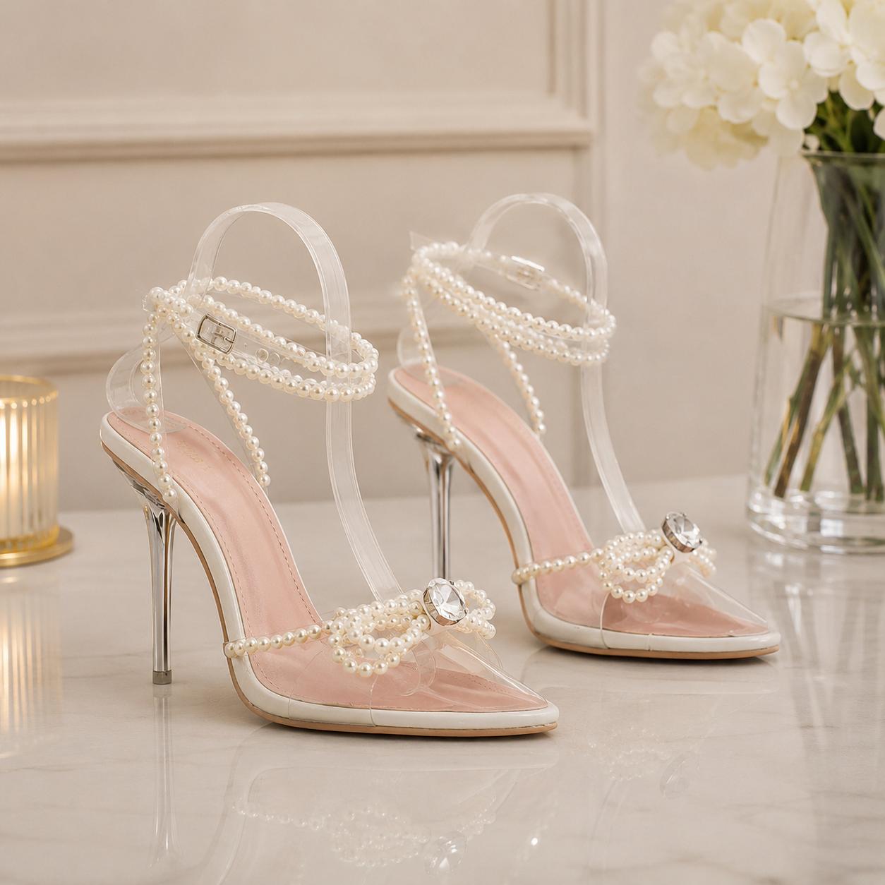 THIA Pearl Luxe 3 Pieces Occasion Bundle Satin Set, Pearl Handbag et Crystal Pearl Heels