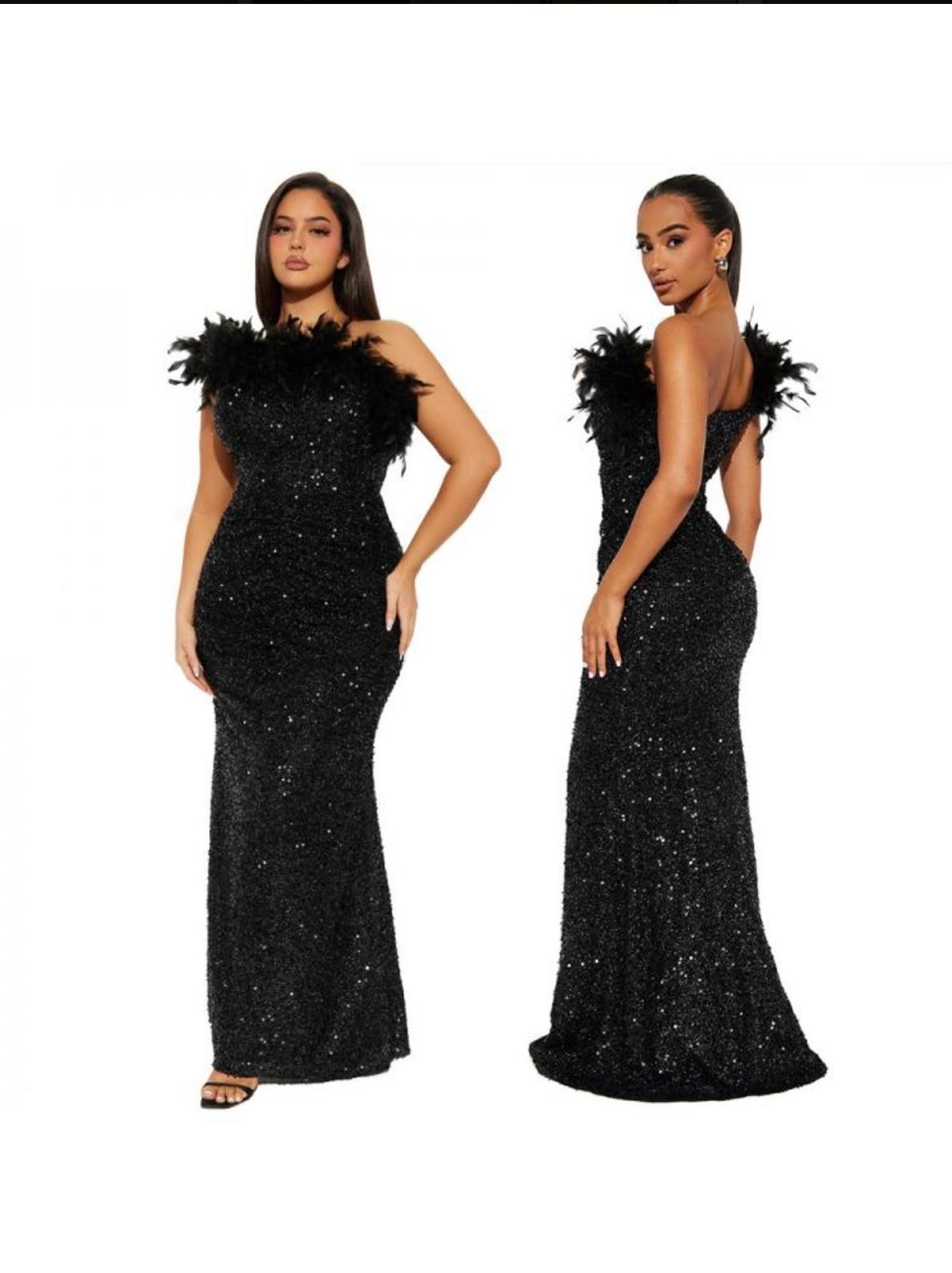 feather Sequin Inclined Shoulder Maxi Dress