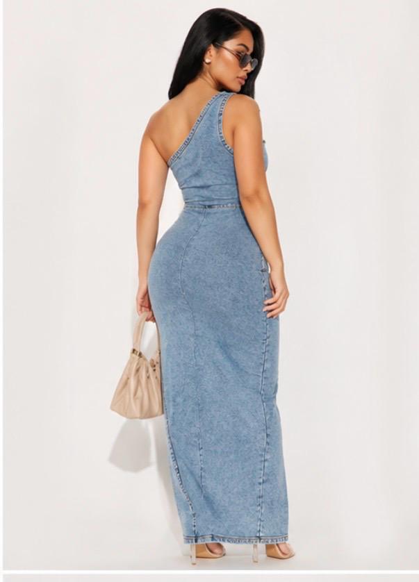 Thia Denim Hollow-out One Shoulder Maxi Dress