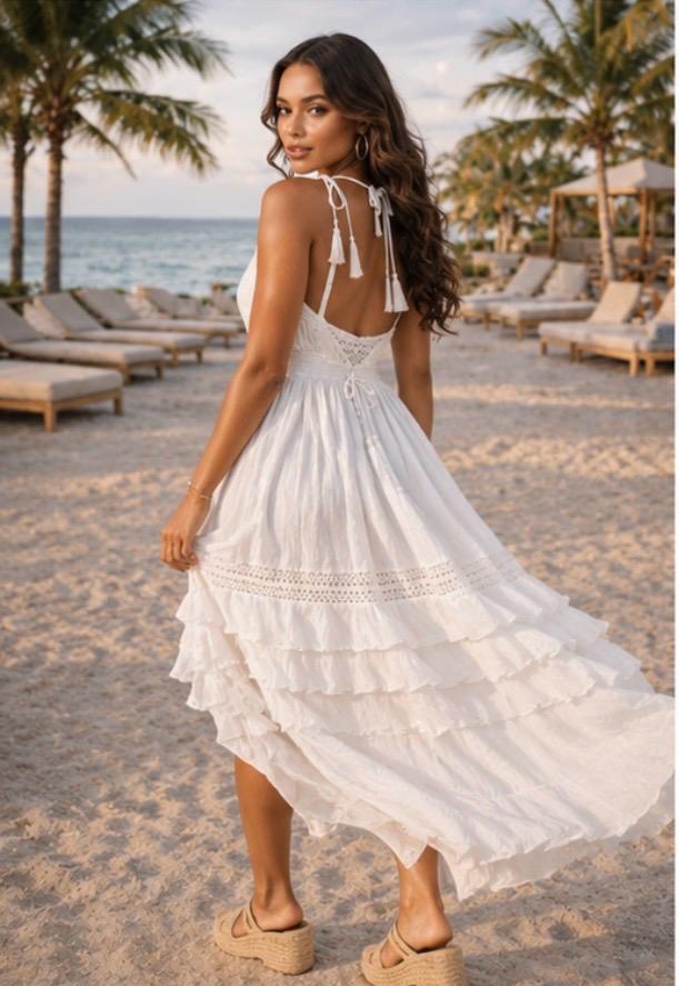 THIA Coastal Grace White High-Low Maxi Dress