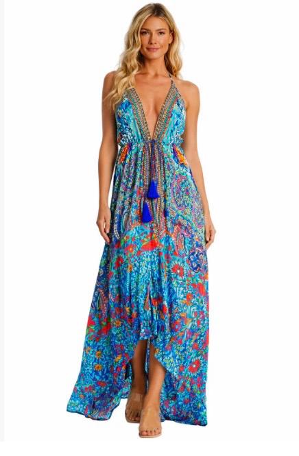 Tropical Bohemian High-Low Maxi Dress with Tassel Detail