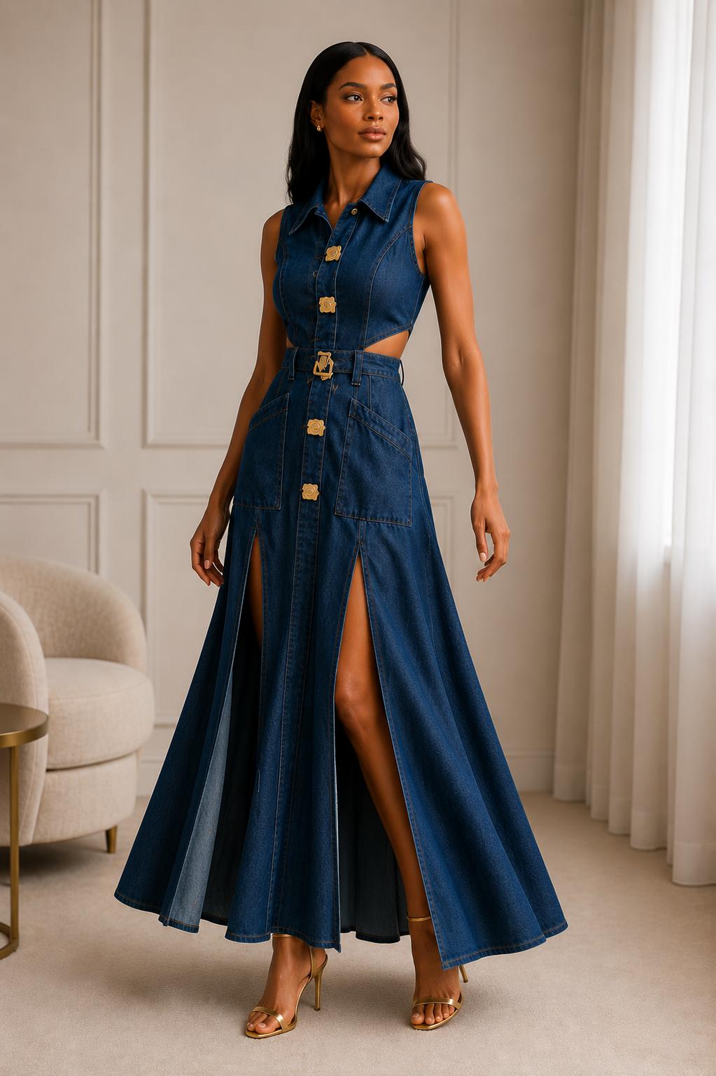 Thia Denim Cutouts Split Hem Collar Dresses